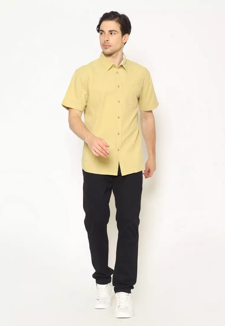 POLICE Kemeja Polos Cotton Twill Slub Tan Regular Fit Pria