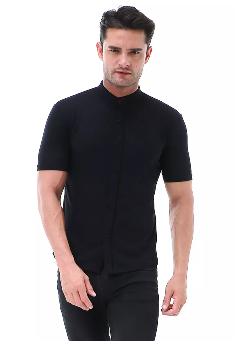 Leopold Atasan Pria Kemeja Kasual Slim Fit Lengan Pendek Motif Polos Material Cotton ORIGINAL - Black