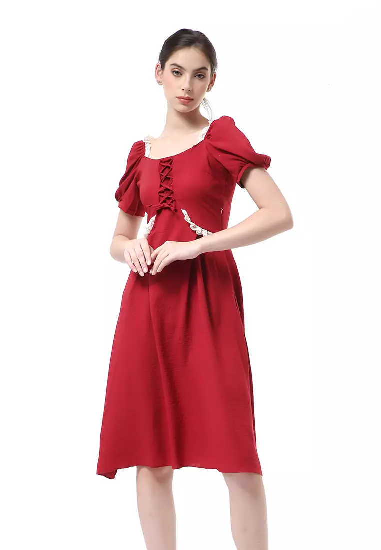 Rachel Slim Dress Wanita Model A-line Lengan Pendek Material Cotton ORIGINAL - Red
