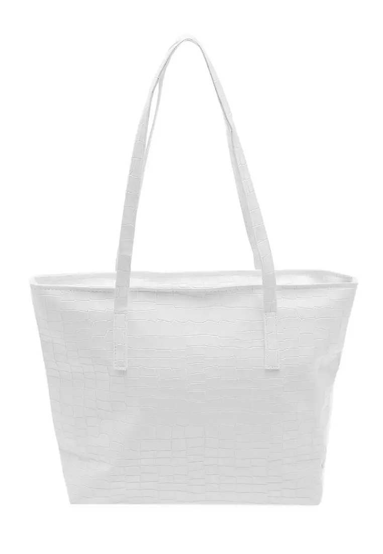 Vonica Tote Bag Motif Crocodile Tas Wanita Quality Premium - White