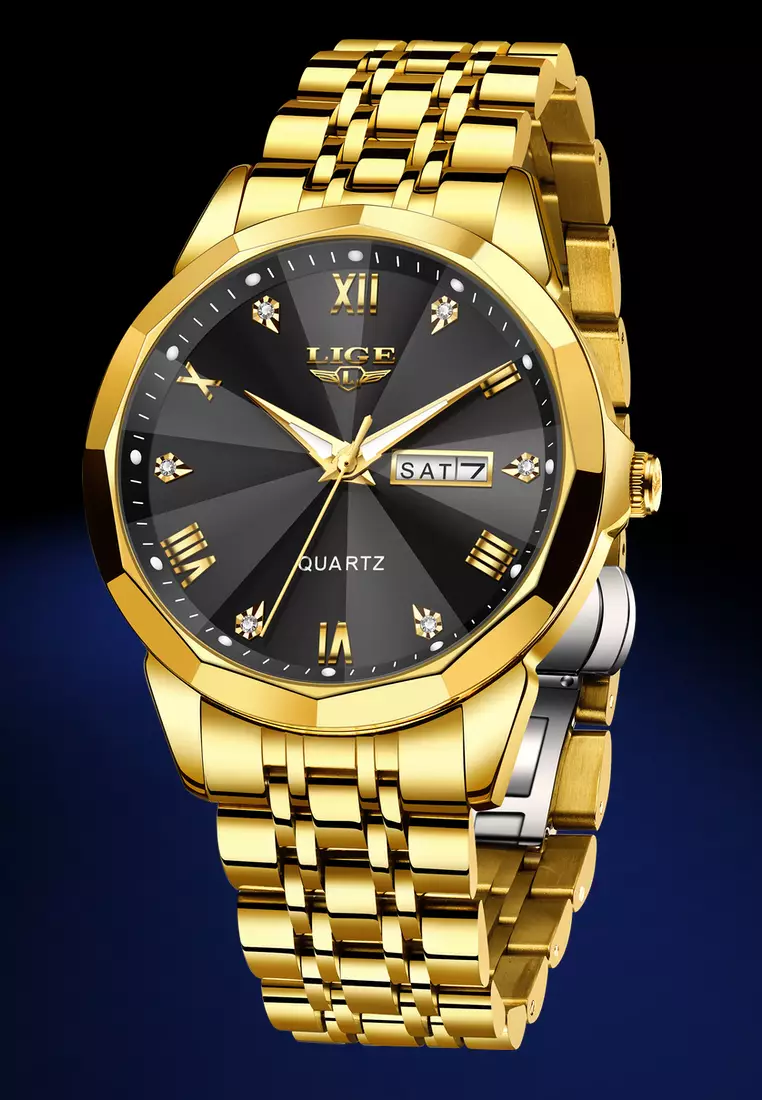 Unisex IP Gold Stainless Steel Quartz Watch, Black Dial, Day/Date, Stainless Steel Bracelet