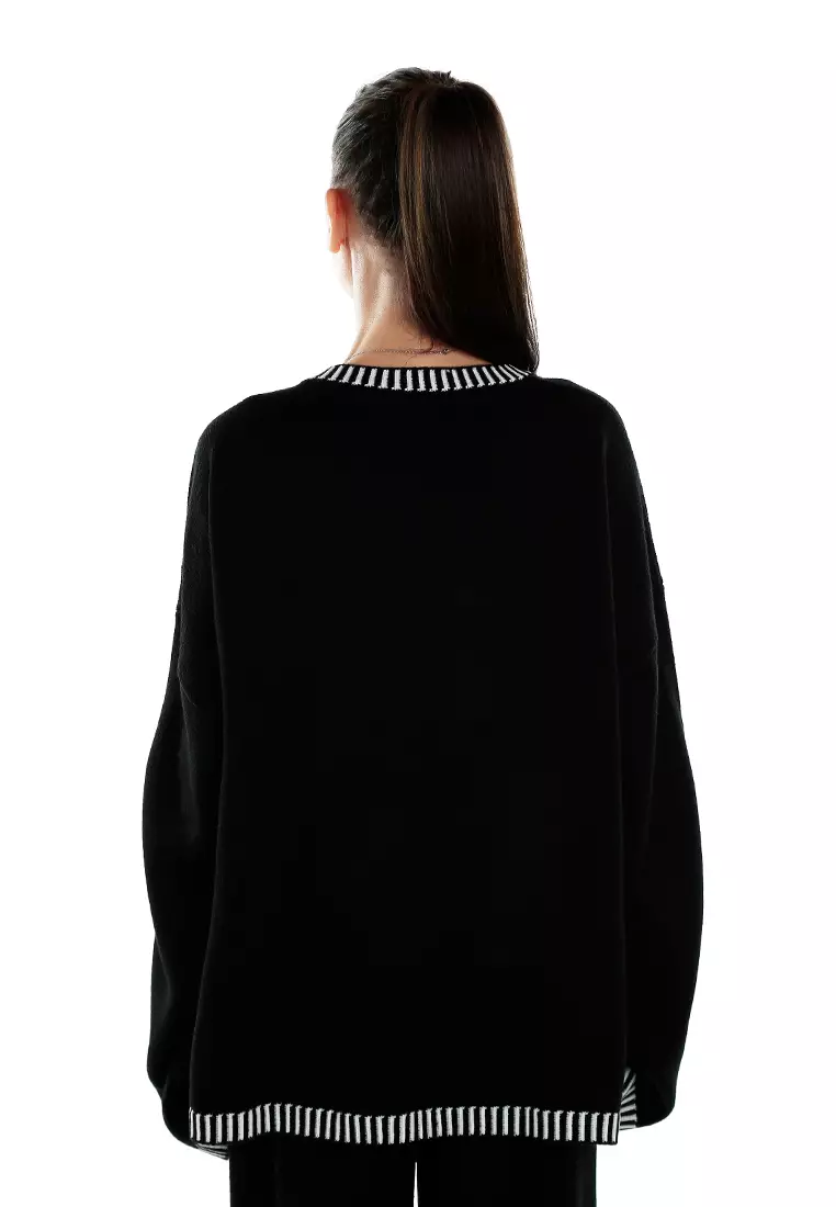 Contrast Stitch Detail Knit Sweater Jumper in Monochrome