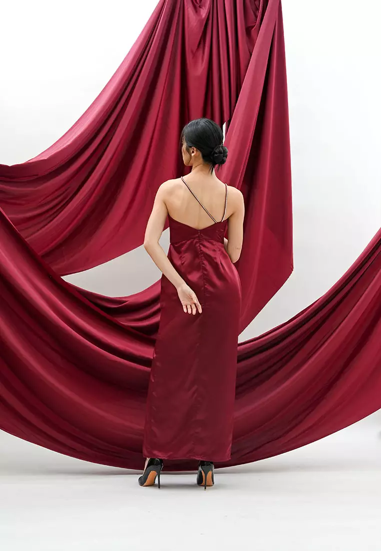 Rhinestone Asymmetric Satin Maxi Dress in Maroon