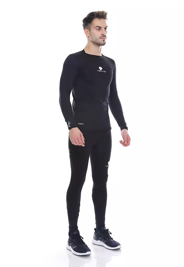 Tiento Baselayer Manset Olahraga Long Sleeve Black White dan Celana Legging Long Pants 1 Set