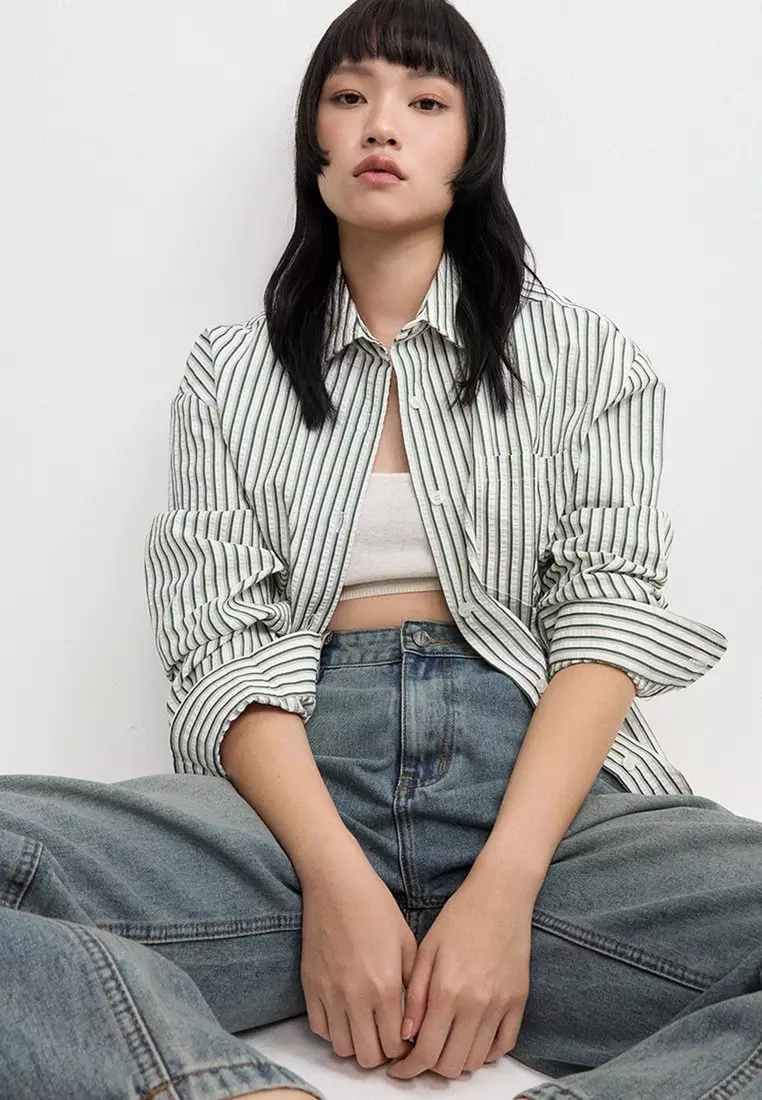 Oversized Striped Button Down Shirt - Dark Green