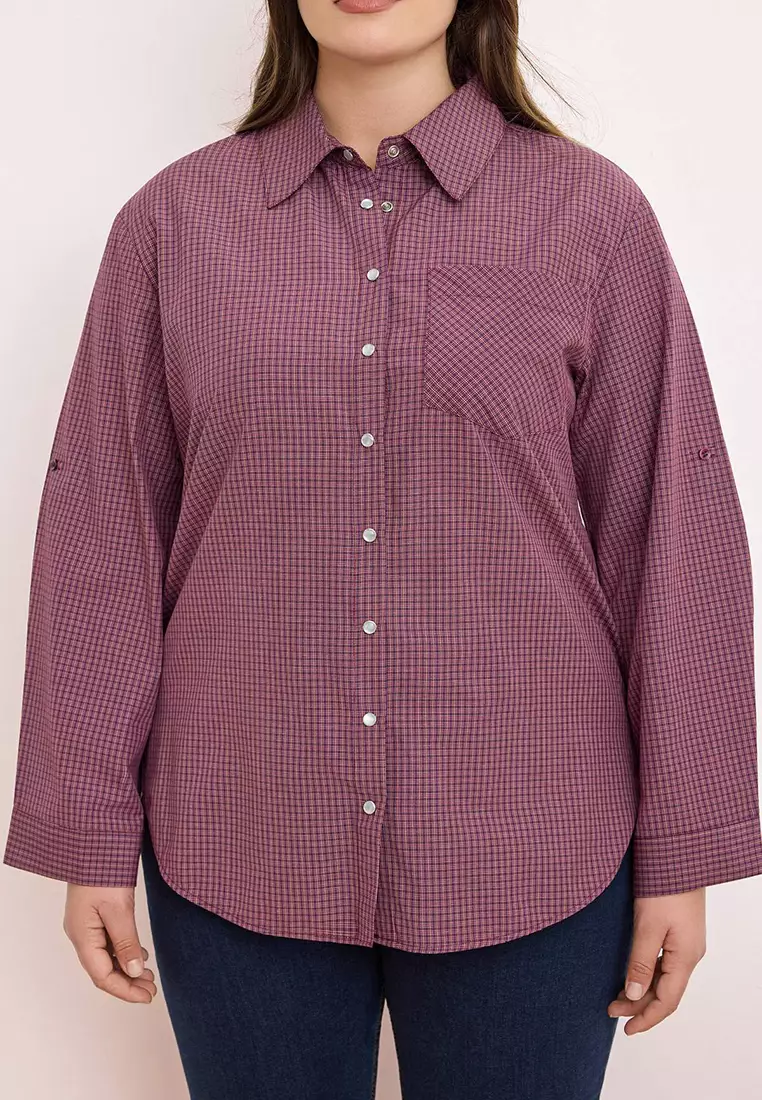 Burgundy-Multicolor Plaid / Checked Wide Cuff Sleeve Foldable Oversized Shirt Tbbss26Ax00011