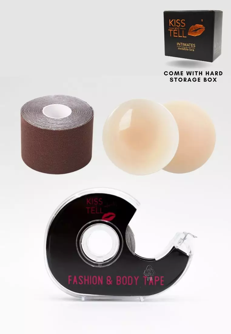 Premium Non Adhesive Nipple Cover + 5cm Body Tape Roll + Clothes Tape Lingerie in Brown