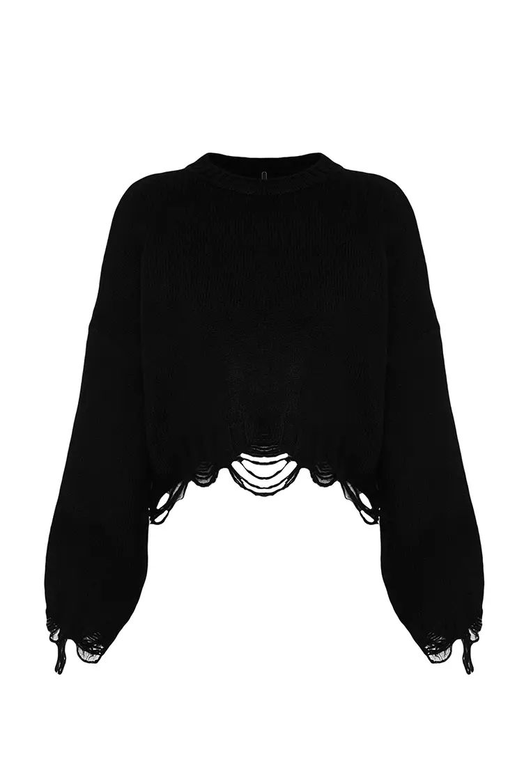 Black Crop Wide Pattern Soft Textured Flowing Detailed Knitwear Sweater Twoaw24Kz00319