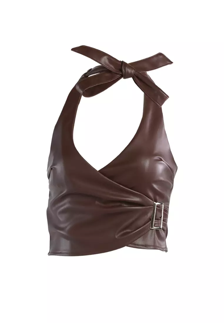 Chocolate Faux Leather Tie Up Top