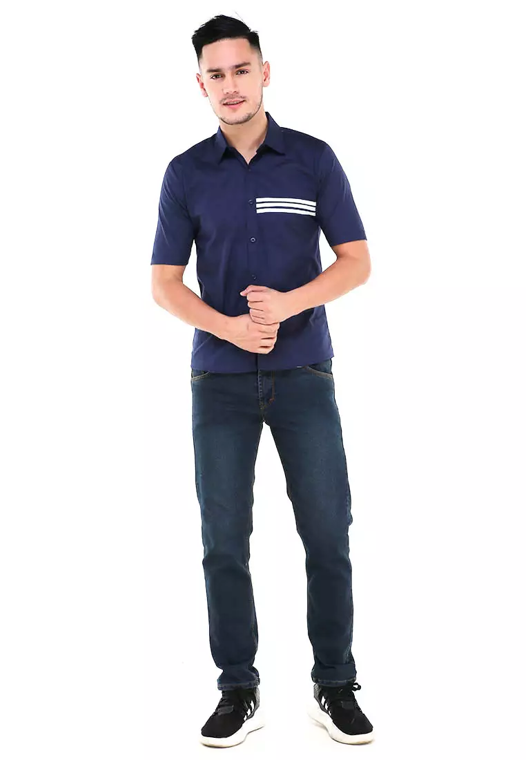Dwan Atasan Kemeja Pria Three Lines Slim Fit Casual Shortsleeve Shirt Material Cotton ORIGINAL - Navy