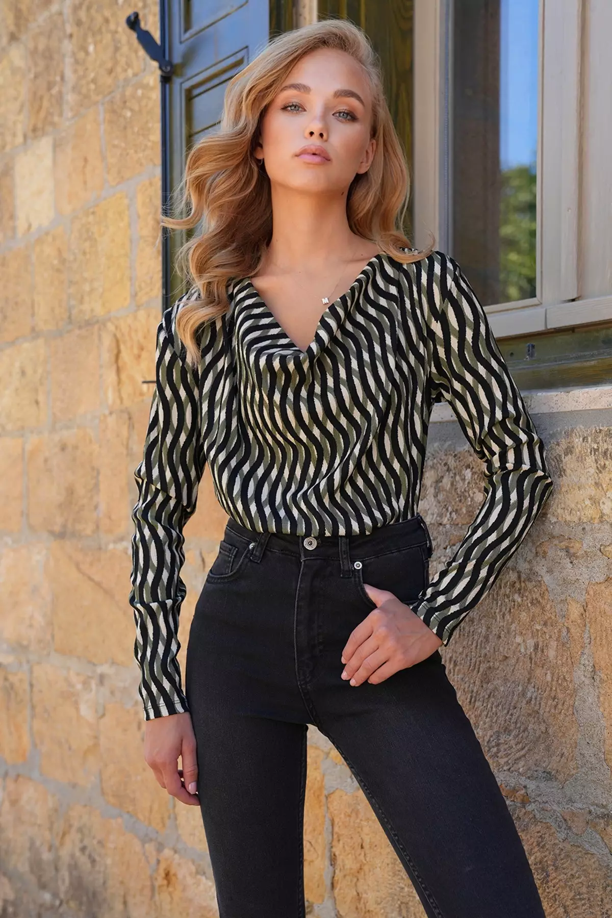 Women's Green-Black Cowl Neck Draped Shoulders Basic Blouse Alc-X14374