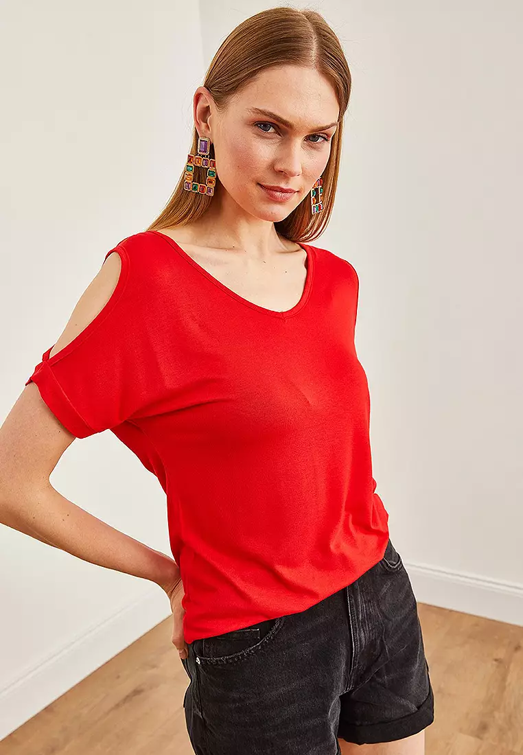Women's Red V-neck Shoulder Low-cut Knitted Viscose Blouse BLZ-19002291