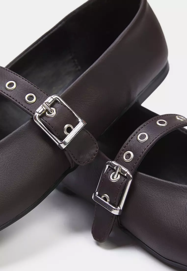 Dark Brown Eyelet Belt Almond Toe Mary Jane Women's Ballerinas Takss25Be00044