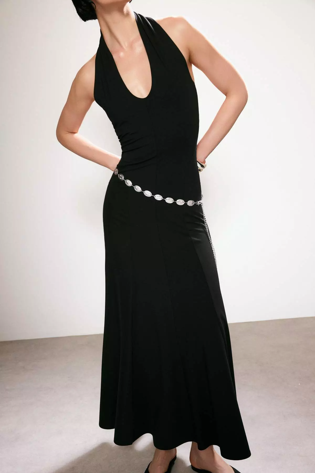 Trendyol Studio Collection Black Waist Opening Belted Sleeveless Stretch Knitted Dress Twoss26El391