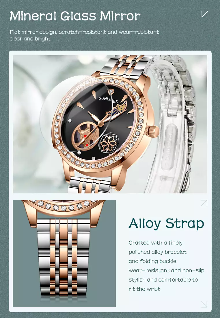 Jam Tangan Wanita E055 Korea Mewah Kuarsa Bercahaya Tali Paduan Jam Tangan Cewek Original black