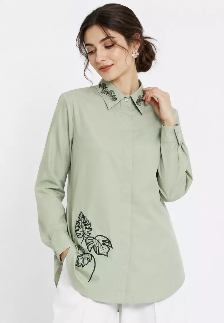 Olive Soft Sage Embroidered Shirt By Brilliant Girl Warna HIJAU