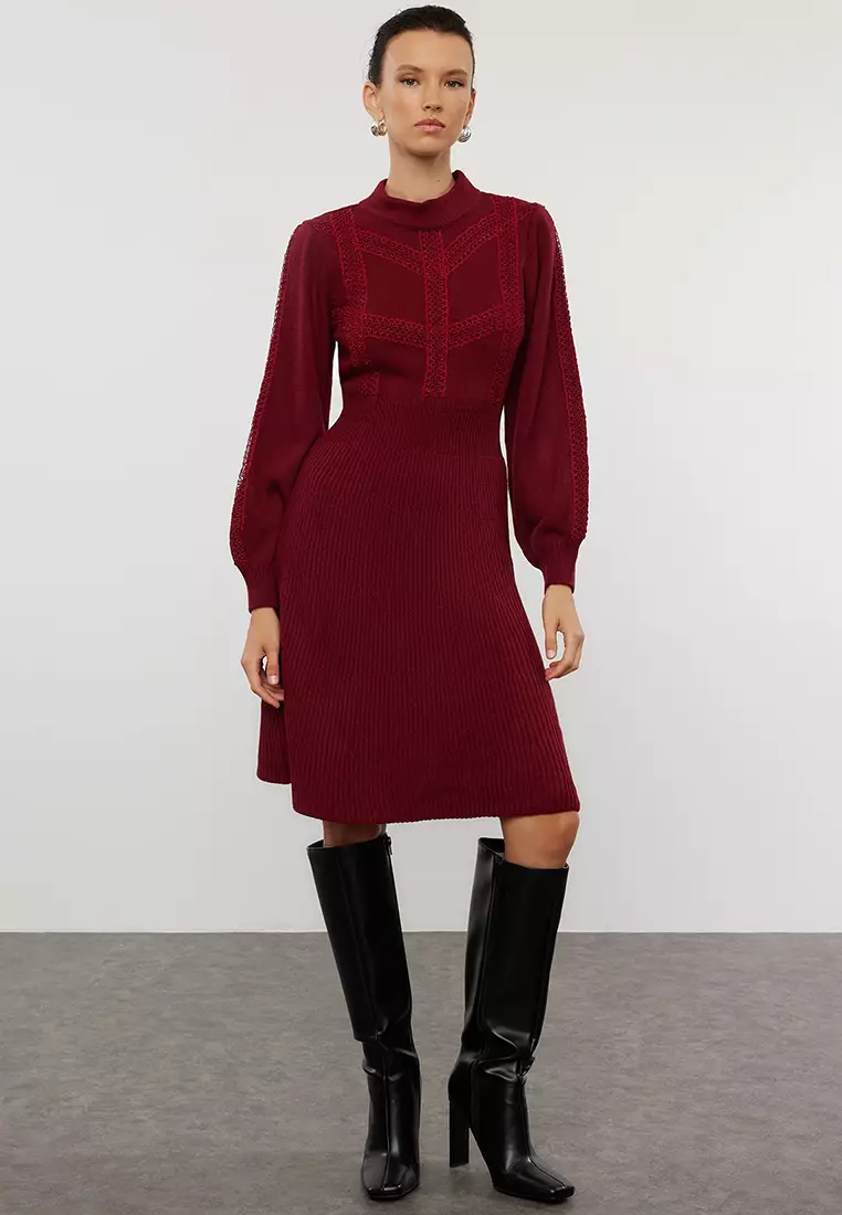 Claret Red Mini Knitwear Lace Dress Twoaw22El0011