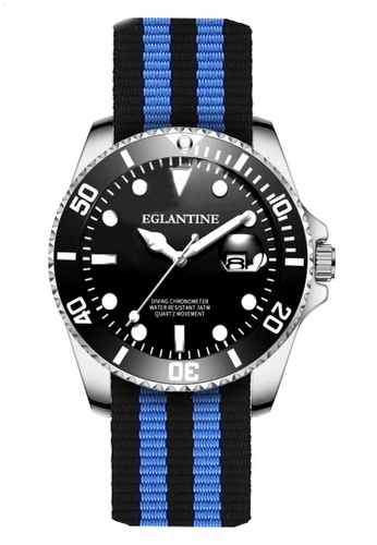 EGLANTINE black and blue and silver EGLANTINE® Diver's Watch, Steel Case, Black Dial and Turning Bezel, Quartz Movement, Black & Blue NATO Strap D27DCACFDF24CCGS_1