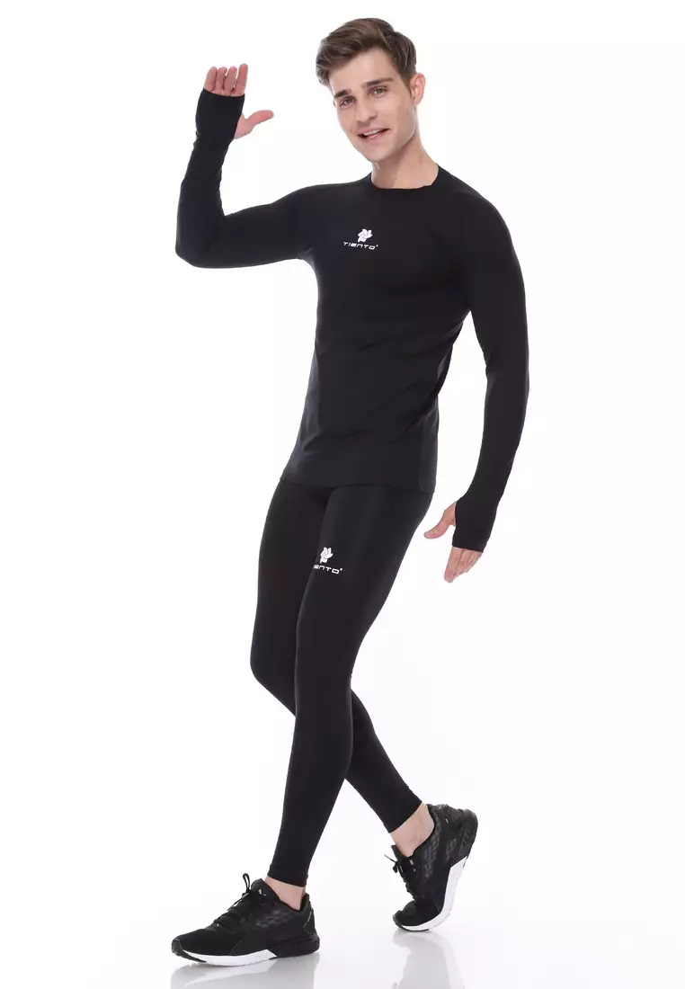 Tiento Men Manset Olahraga Thumbhole Black Lubang Jari dan Celana Legging Pria Black 1 Set