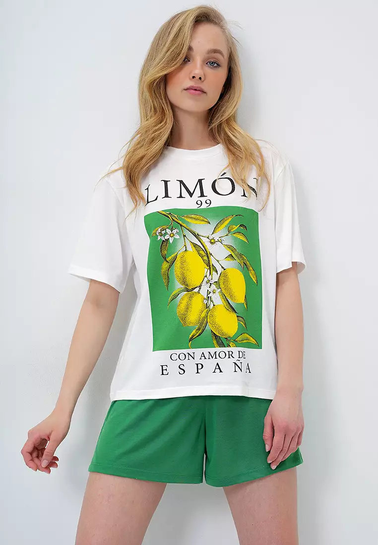 Women's Green Lemon Printed Cotton Basic T-Shirt And Shorts Pajama Set Pjm-X13903