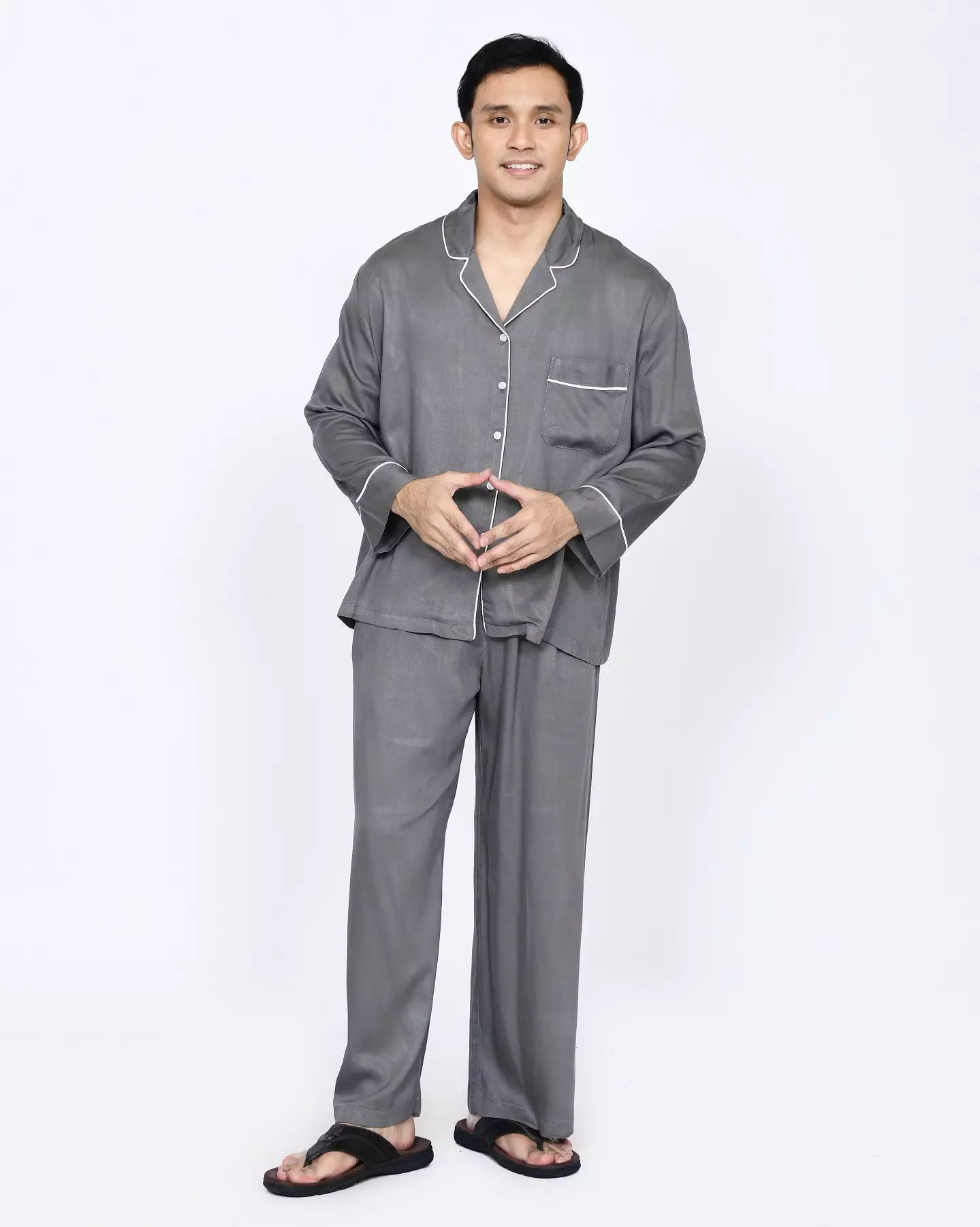 Setelan Baju Tidur Panjang Piyama Pria Plain [ABU ABU] One Set Sleepwear Pajamas Material Katun Size M-XXL
