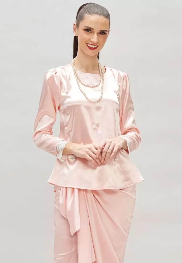 Pink Faux Pearl Diamond Beaded Top & Satin Wrap Skirt Modern Baju Kurung