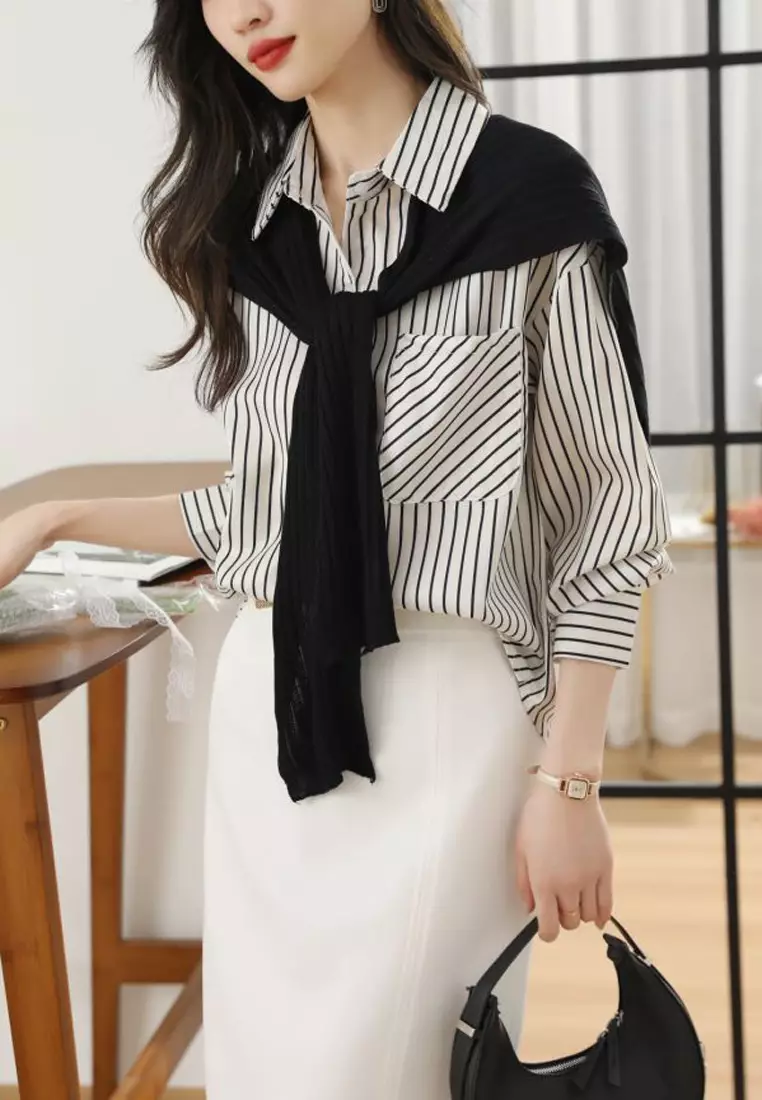 Striped Long Sleeves Shirt With Scarf (2pcs)