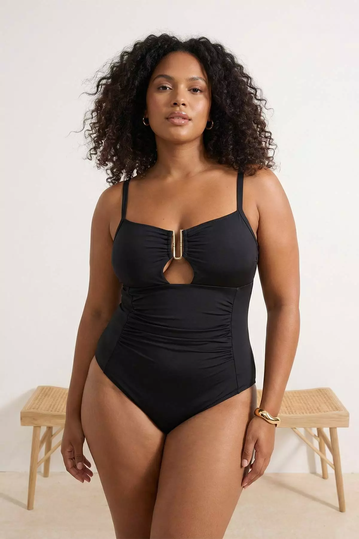 Black Square Collar Accessory Draped Plus Size Swimwear Tbbss26Am00012