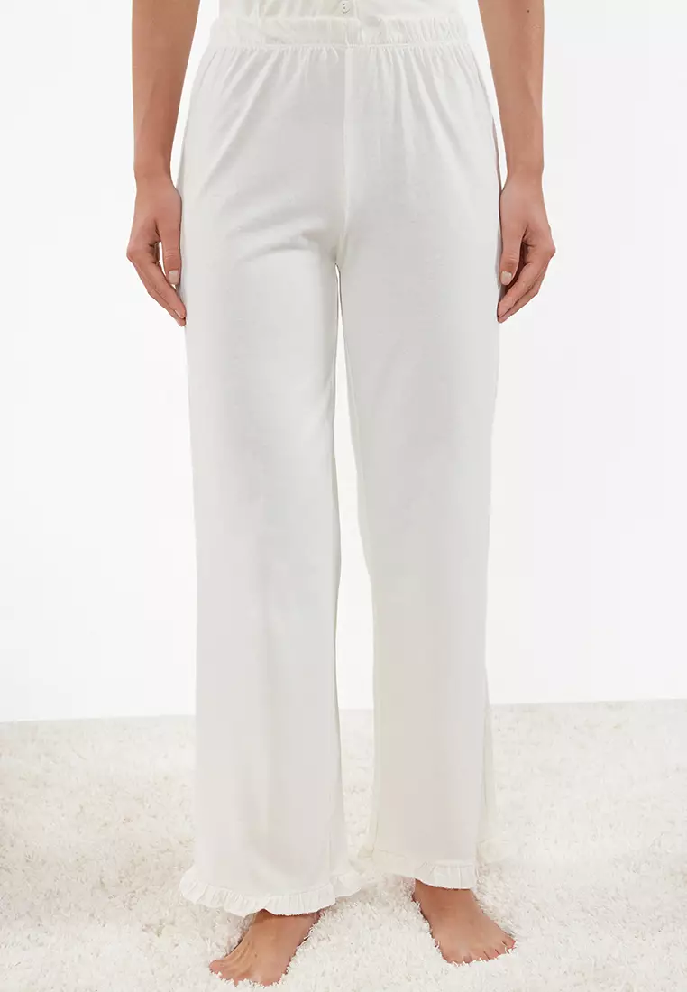 White 100% Cotton Ruffle Detailed Knitted Pajama Set THMSS24PT00223