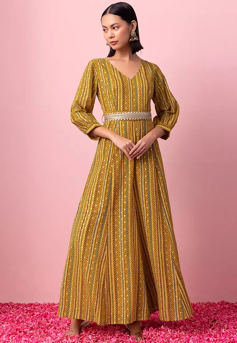 Buy Indya Mustard Yellow Foil Print Flared Jumpsuit With Belt (Set of 2