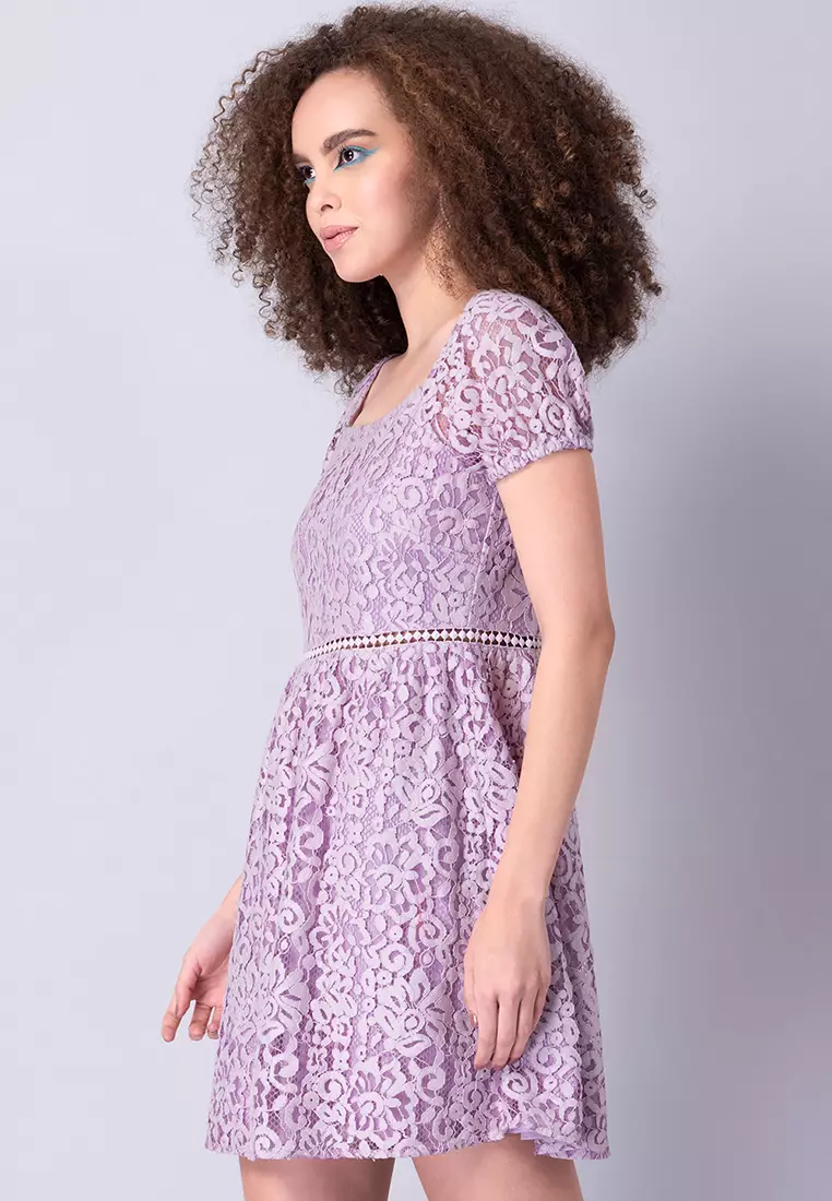 Lilac Lace Square Neck Trim Dress