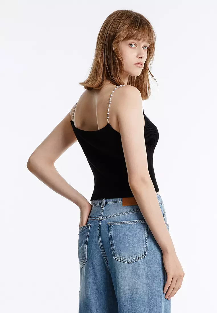 Faux Pearl Beaded Strap Top