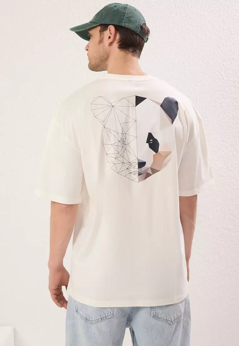Ecru Oversize/Wide Cut Animal Printed Back 100% Cotton T-Shirt TMNSS25TS00117