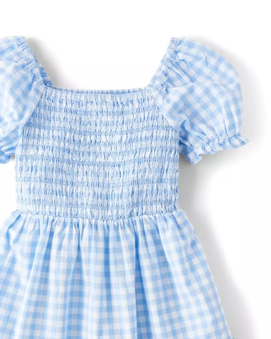 Girls Gingham Poplin Smocked Ruffle Dress - Baju Anak Perempuan (Biru)