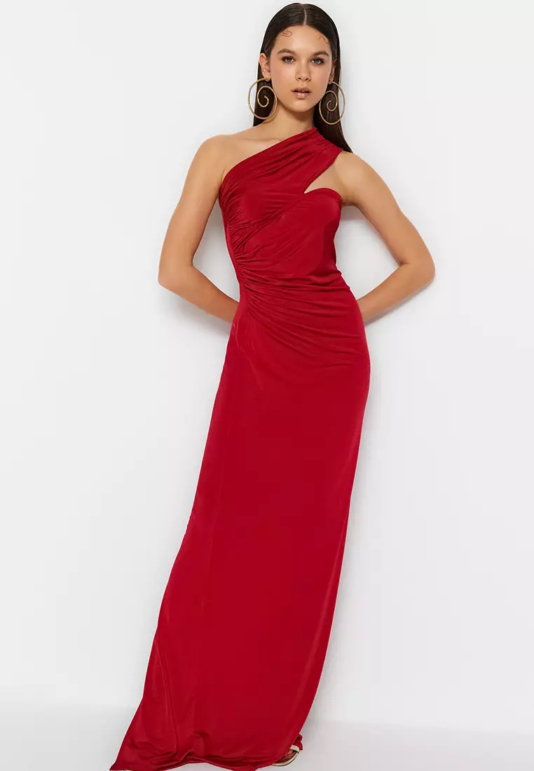 Asymmetrical Ruched Evening Maxi Dress