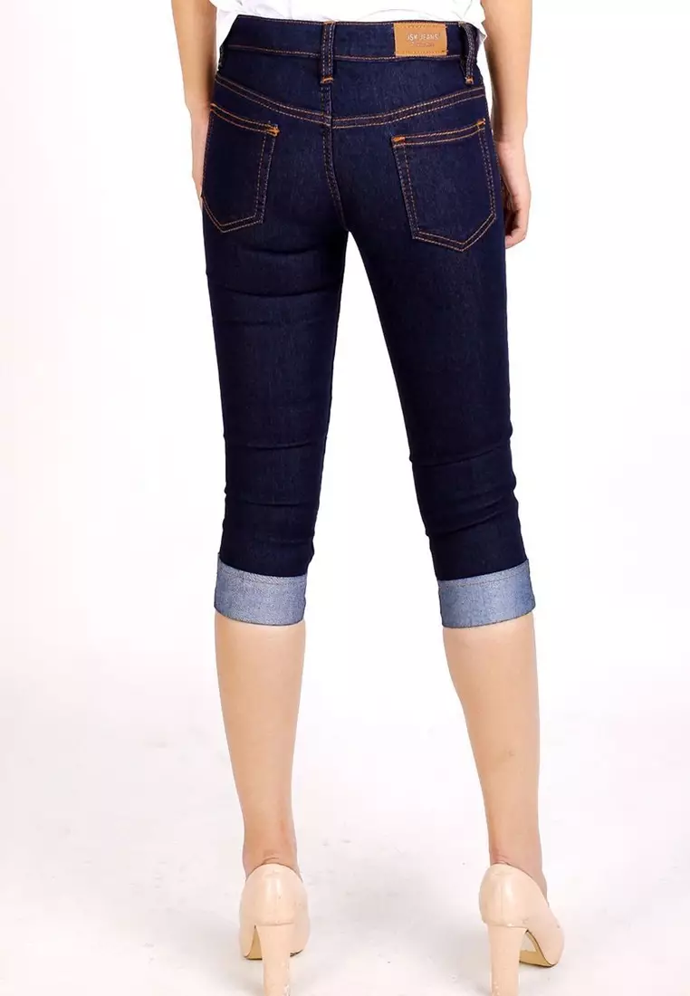 Celana Wanita 7?/?8 Jeans Stretch Mid Waist Kali Lipat Stik Balik - Biru Dongker