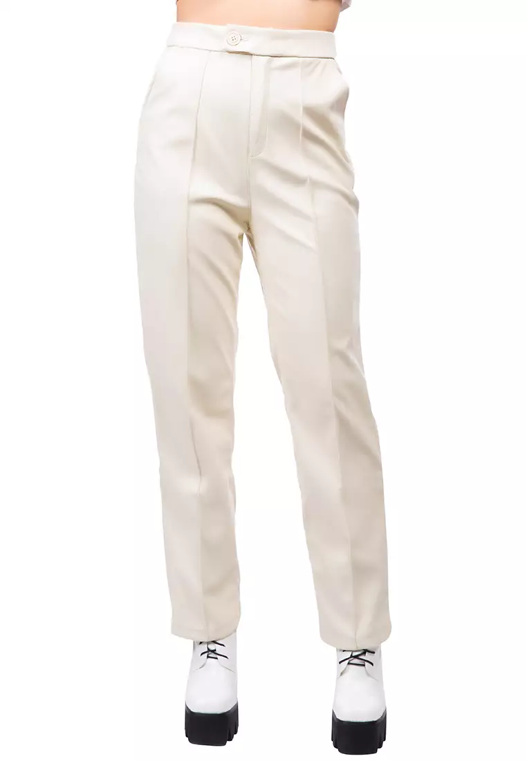 Cream Faux Leather Pleated High Waist Trousers