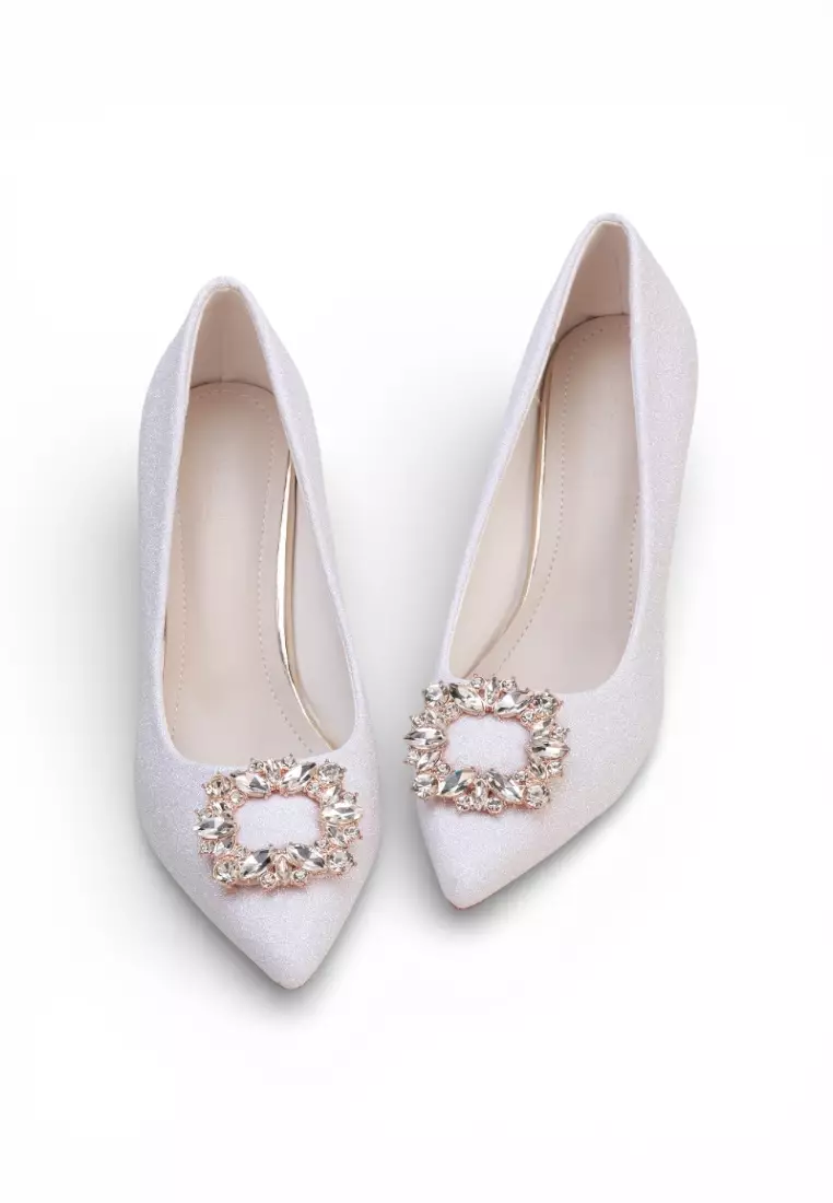 Luxe Crystal Buckle Pointed Toe  Heels 115 in White