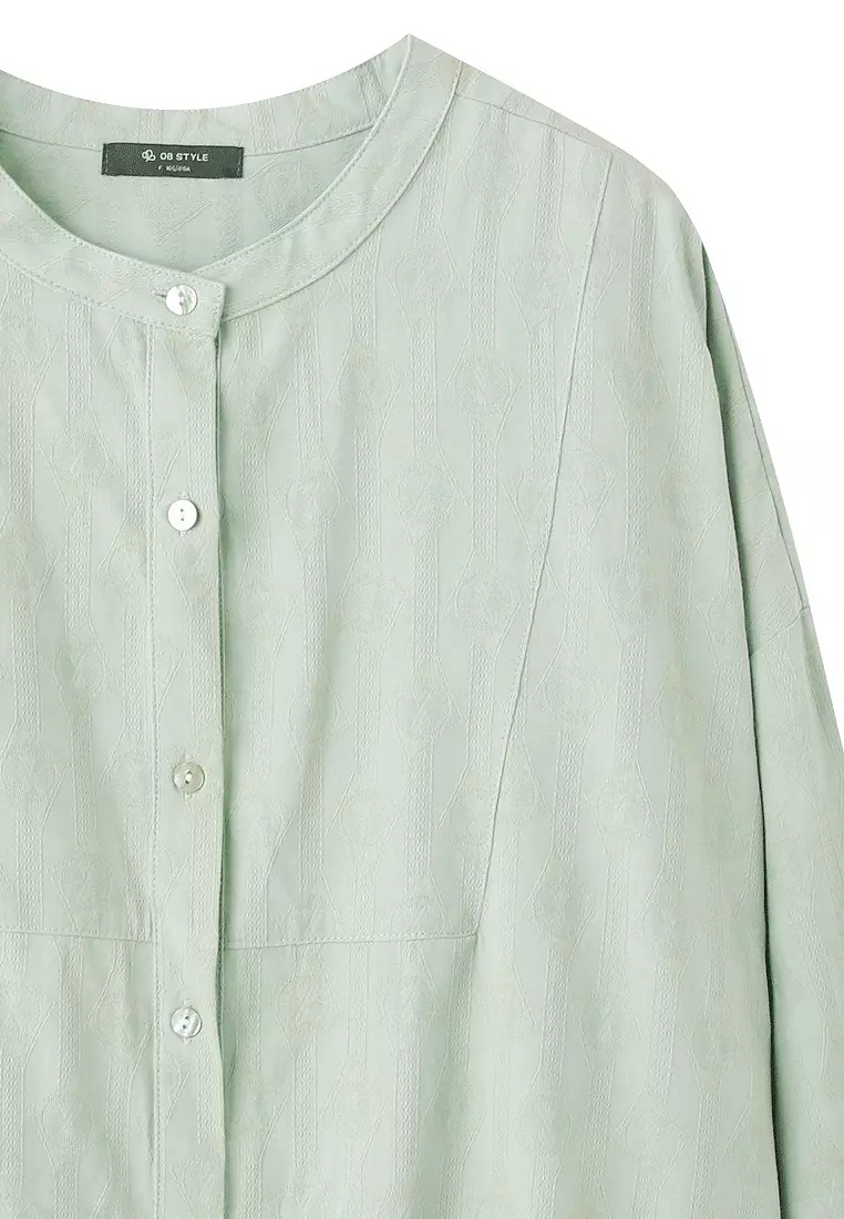 立體織紋中山領前短後長貝殼排扣寬鬆襯衫《AB19254》