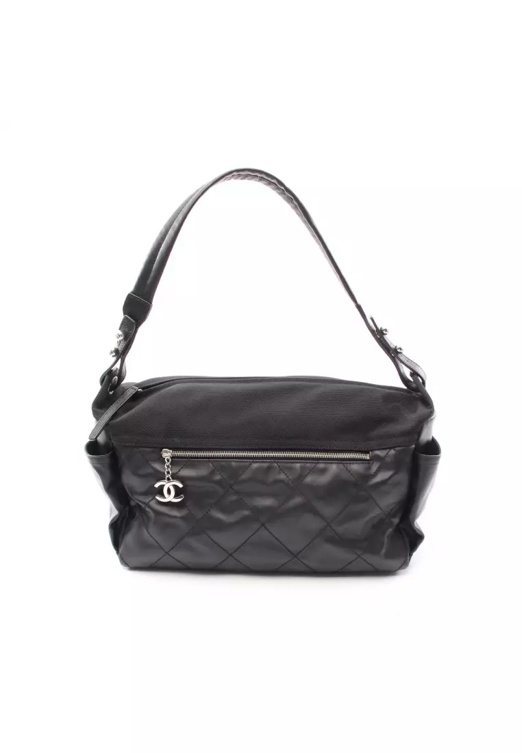 Pre-loved Chanel Paris Biarritz one shoulder bag Coated canvas leather  black silver hardware