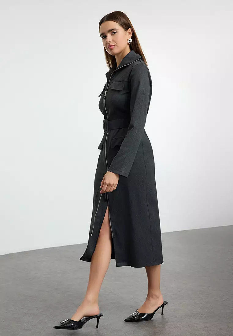 Anthracite Zippered Pocket Detailed Gabardine Fabric Midi Woven Shirt Dress TWOAW25EL00261