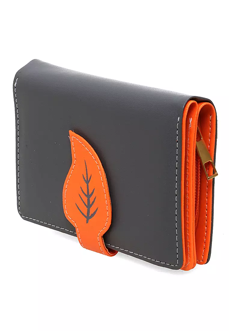 Fecesa Dompet Pendek Lipat Wanita Model Leaf Wallet Casual Many Slot Material Kulit Leather ORIGINAL - Gray Orange
