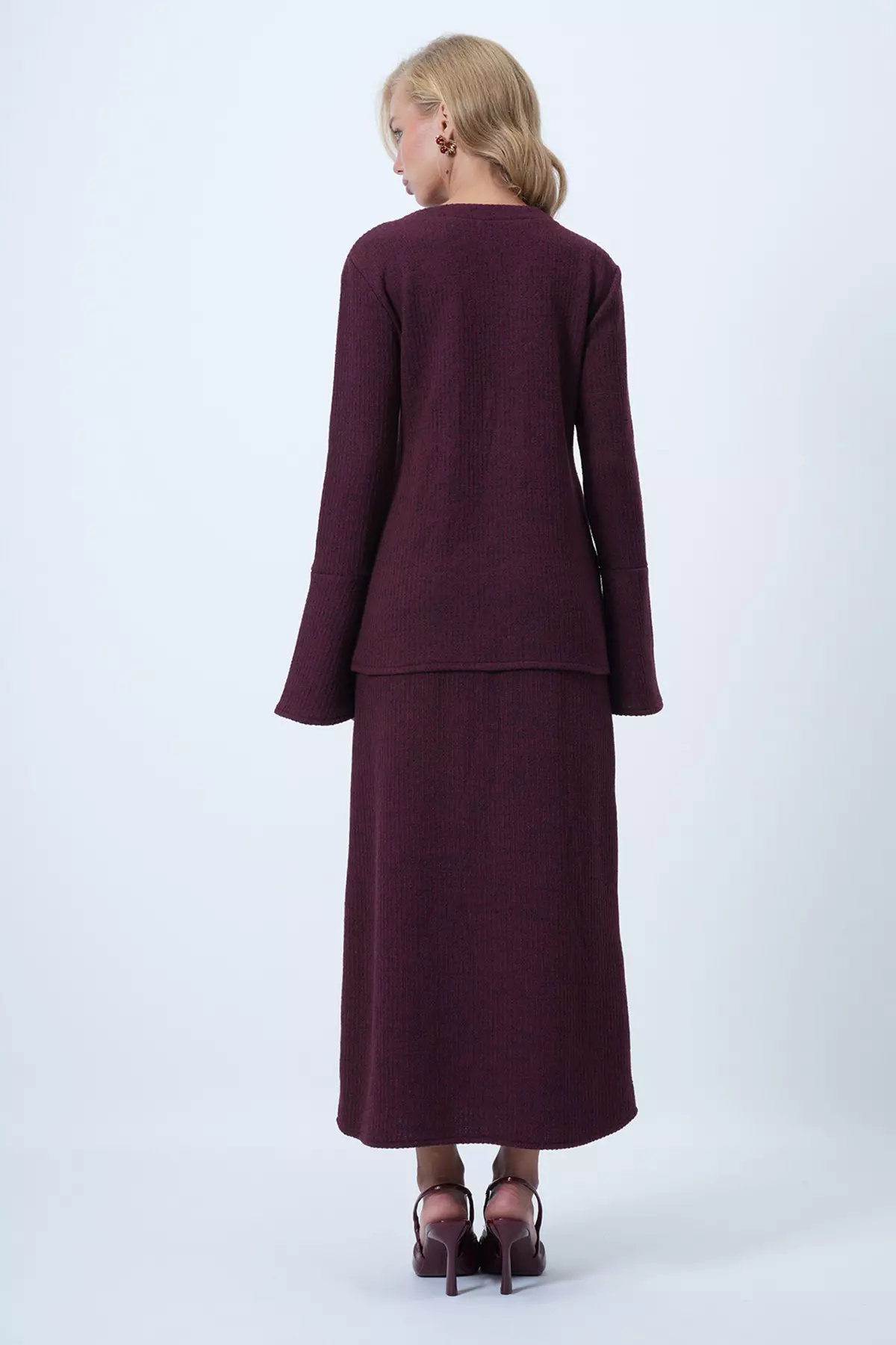 Women'S Burgundy Crew Neck Button Detailed Pocketed Knitted Blouse And Slit Midi Skirt Set Alc-X14538