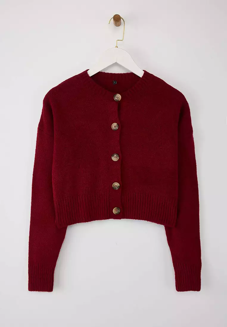 Burgundy Crop Soft Textured Button Knitwear Cardigan