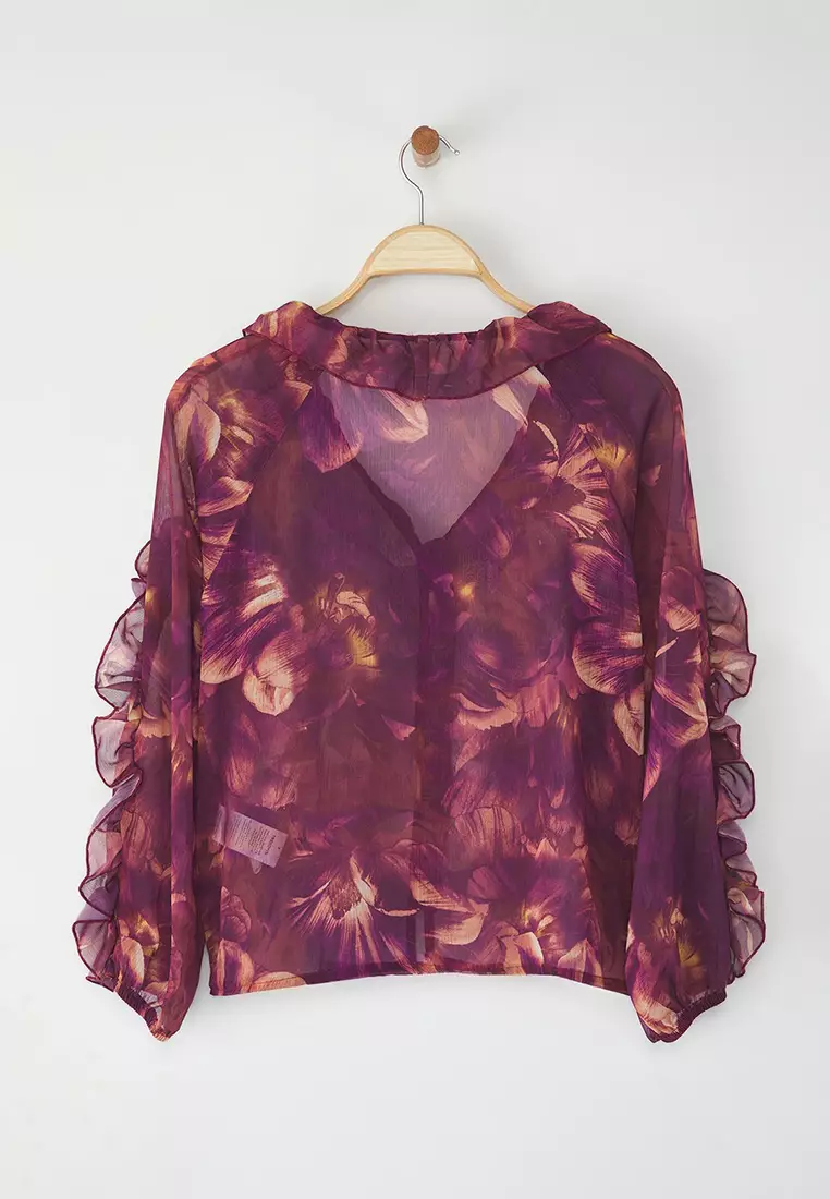 Plum Chiffon Transparent Floral Ruffle Woven Shirt TWOSS25GO00063