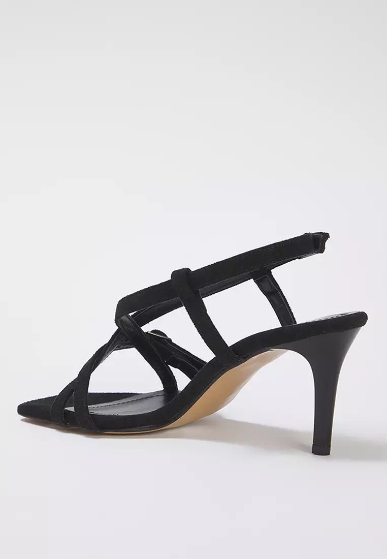 Black Suede Ankle Strap Square Toe Thin Heeled Women's Sandals Takss25To00018