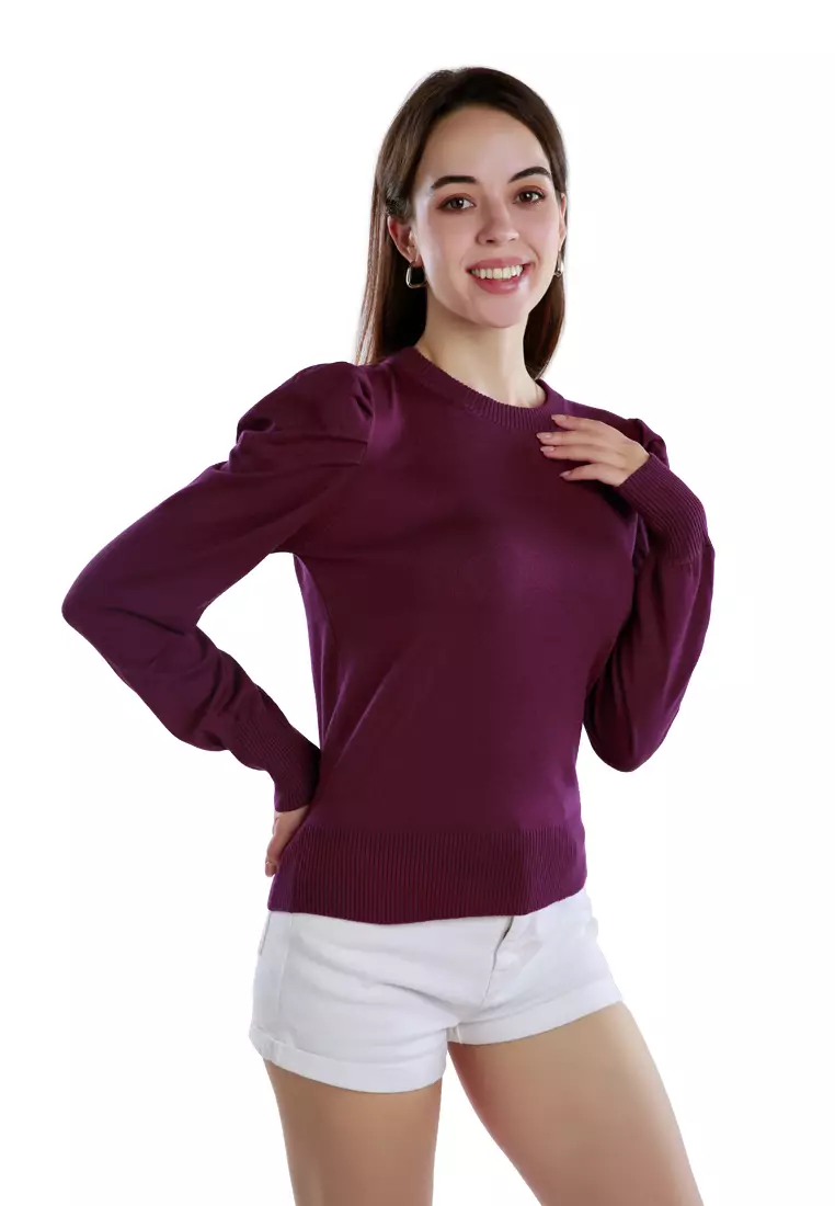 紫紅色泡泡袖毛衣
