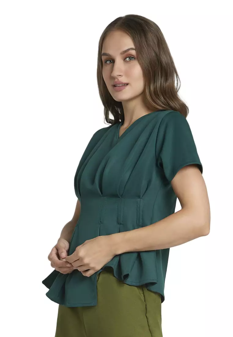 Callie Blouse Short Sleeve Motif Solid Atasan Wanita Casual - Hijau