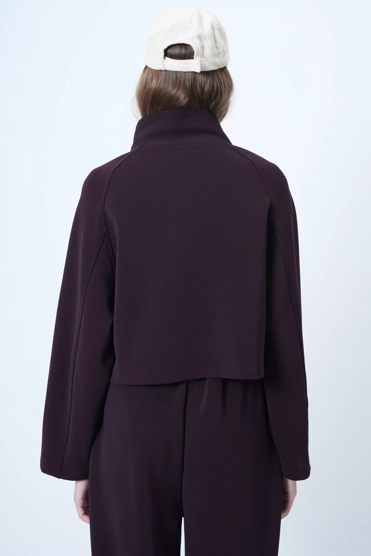 Plum Color Stand Collar Double Pocket Raglan Sleeve Jacket Alc-X14409