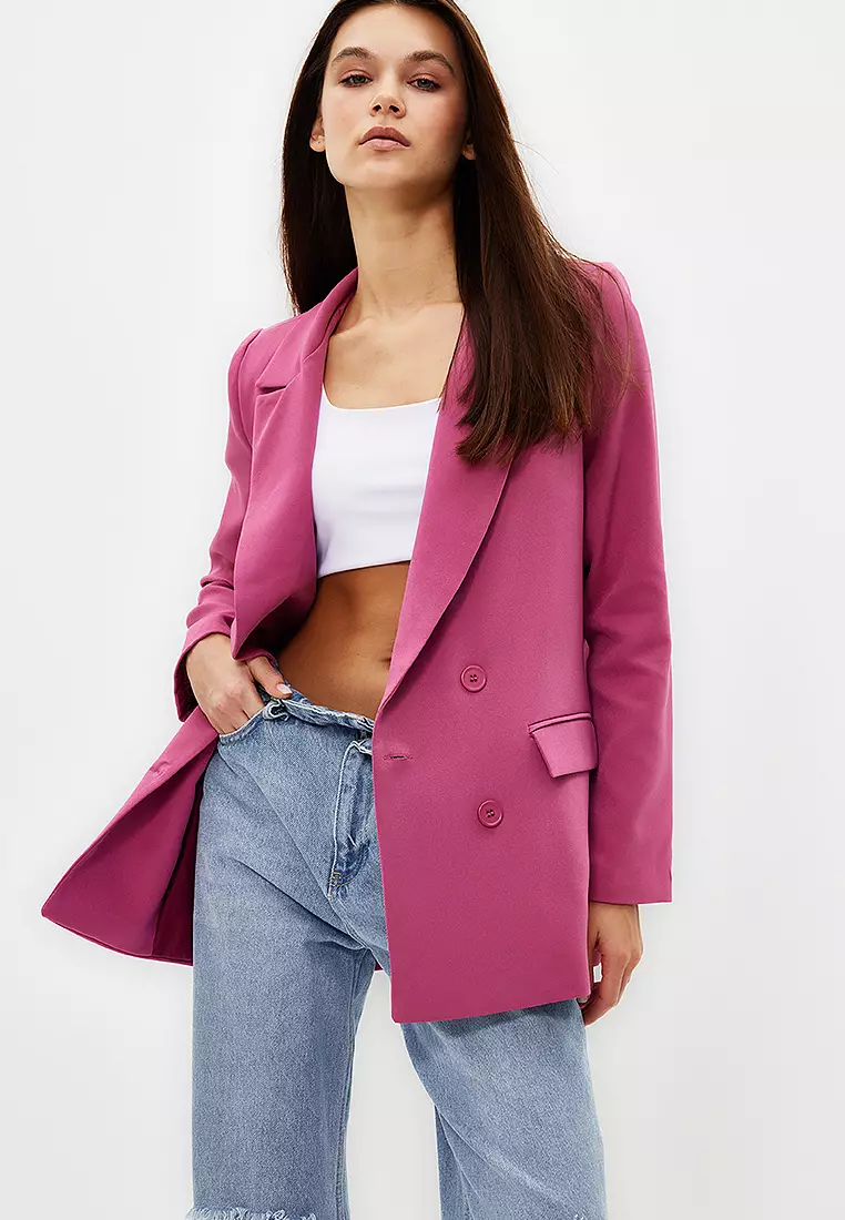 Pink Regular Lined Double Breasted Closure Woven Blazer Jacket